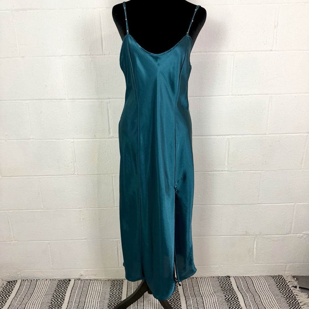 VTG Angelique Slip‎ Dress 90s Green Satin Velvet Rhinestones Bow Fairy Prom SZ M